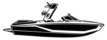 Modern wakeboat with a swept wakeboard tower